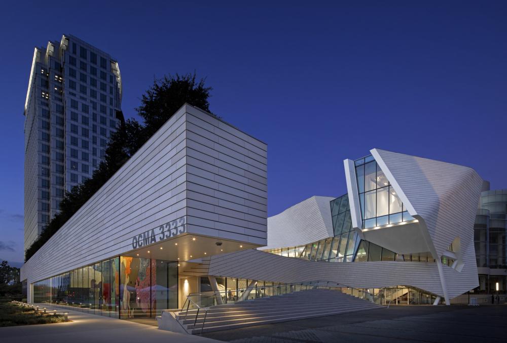 exterior of the Orange County Musem of Art (OCMA) at night