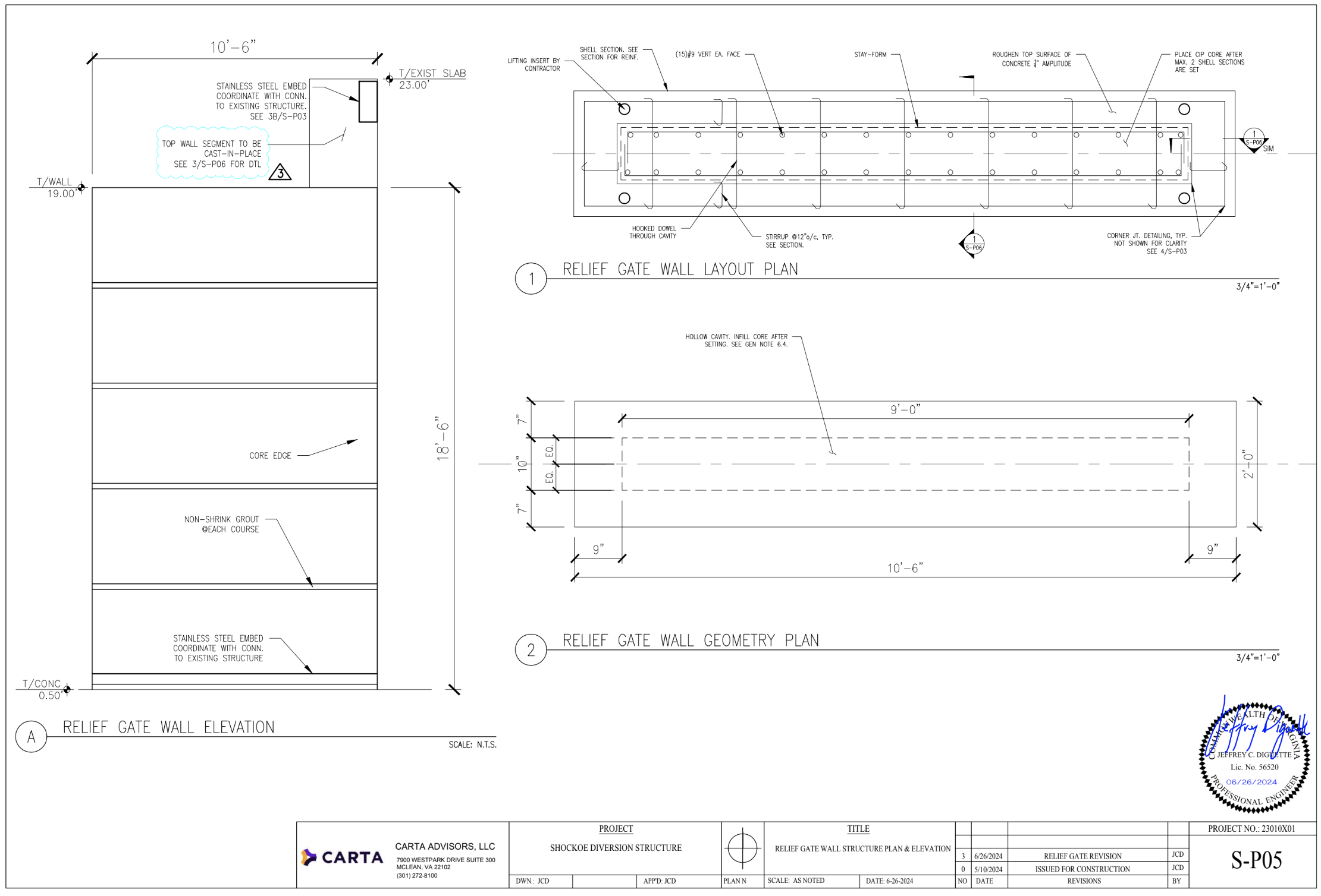 An excerpt from the design of the precast elements for the diverter wall engineered by Carta Building Solutions Group.