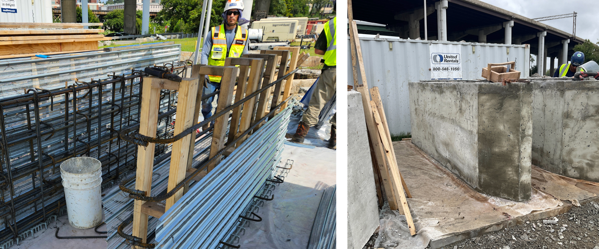 Self-performed precast concrete (right) and formwork (left) completed by Clark Water using reinforcement steel and engineered welded clips which will be used as part of the diverter wall to support the new trash rake.